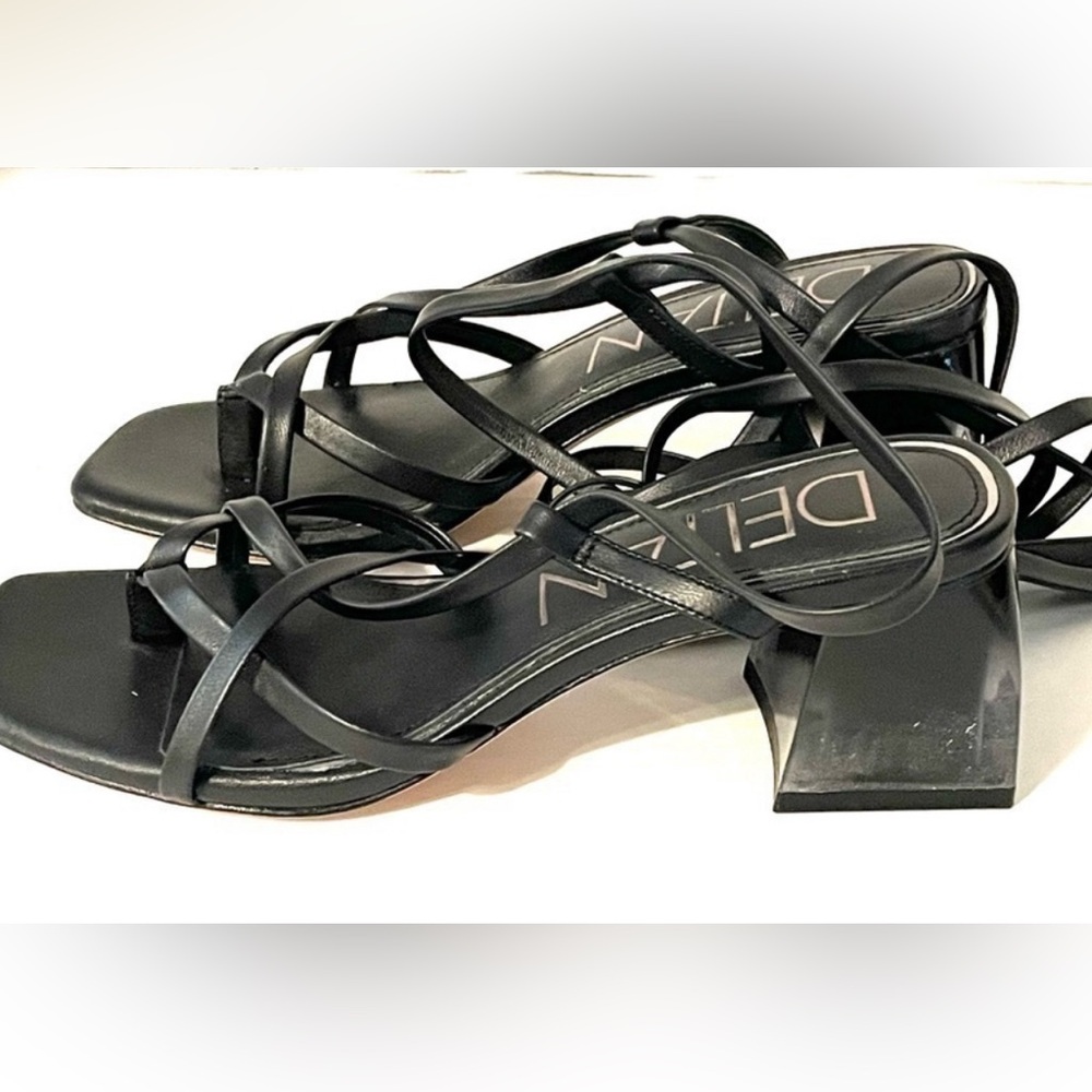 Deltan Size 8M Fawn Ankle Wrap Strappy Block Heel Thong Dress Sandals Black NEW